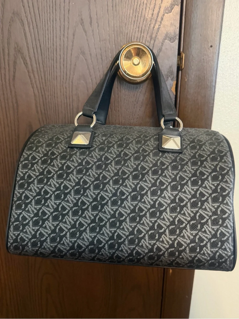 Michael Kors Black and Silver Grayson Medium Duffle Satchel NWT